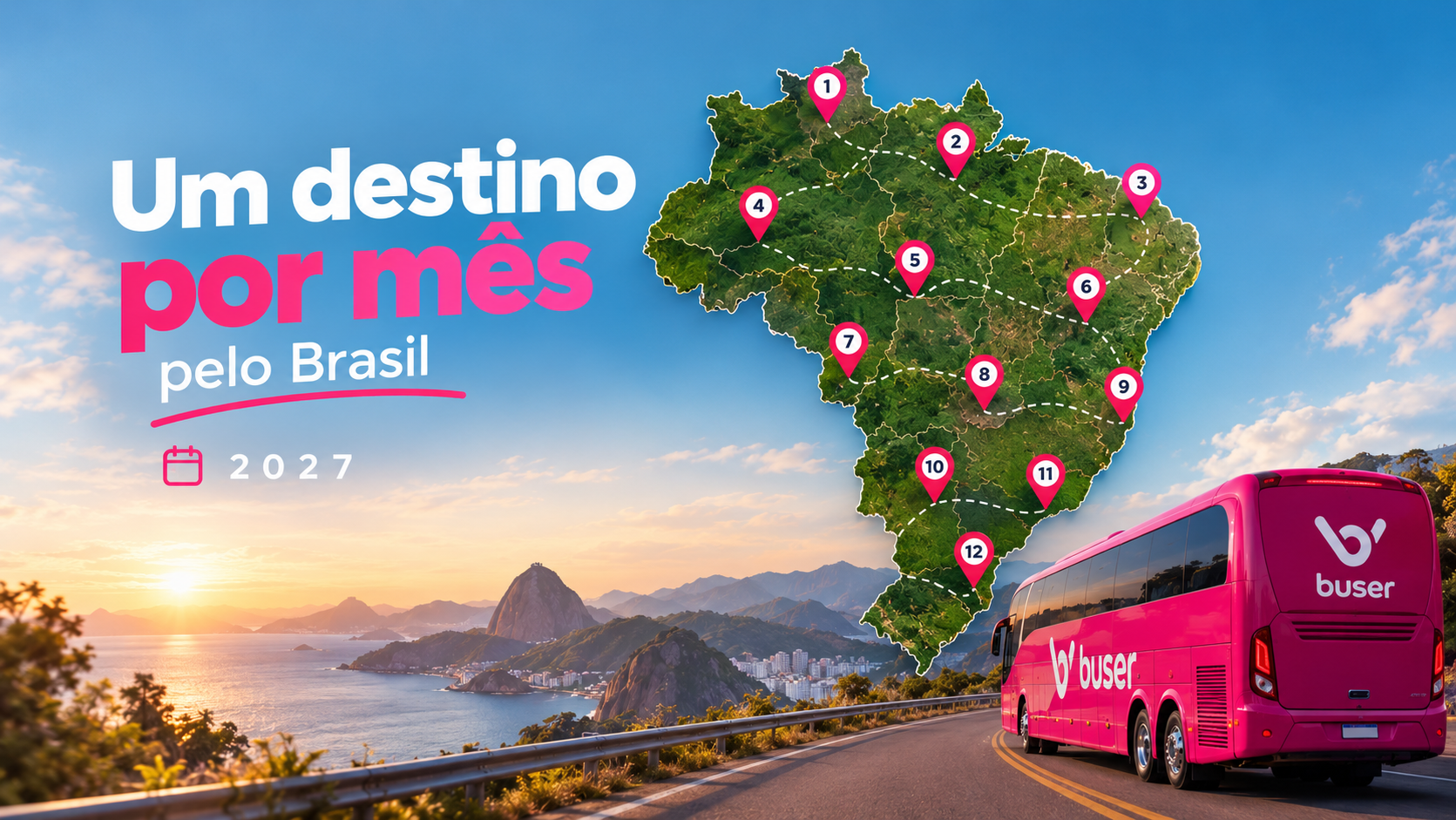 Calendário de 2027 com destinos de viagem marcados em cada mês
